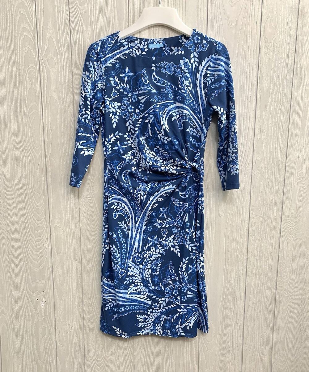 J. McLaughlin Blue Floral Sage Dress Catalina Cloth 3/4 Sleeve XS